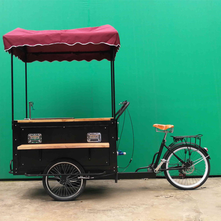 Roestvrij staal koffiewagen aanhanger voor outdoor fiets en straatverkopende driewieler