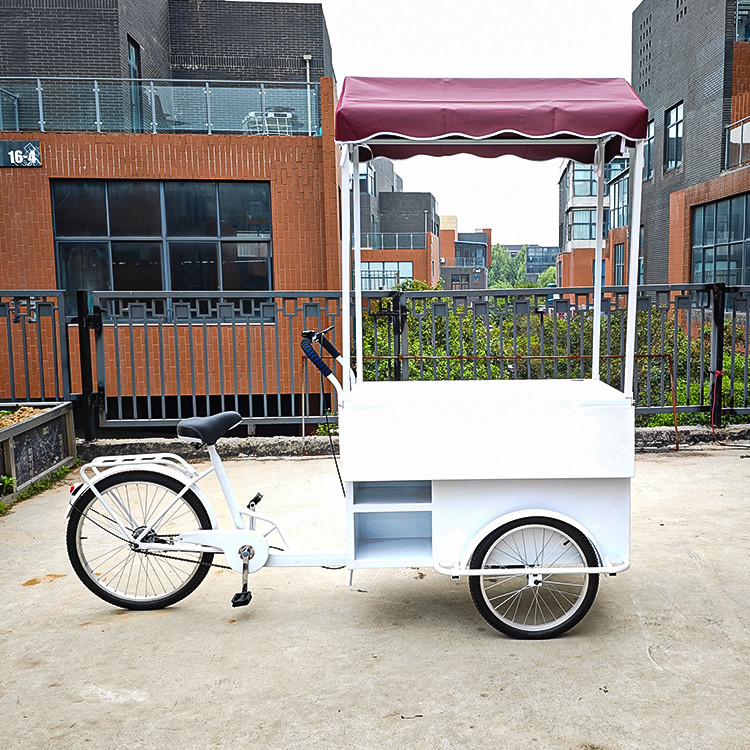 Outdoor mobiele fastfood driewieler met koelkast voor koud drankje en videotechnische ondersteuning